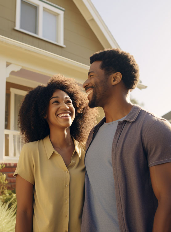 Photo of smiling young couple standing in front of their new home. 