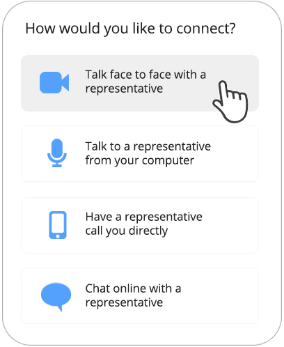 How would you like to connect? Showing cursor over the Talk face to face option in the glia dropdown
