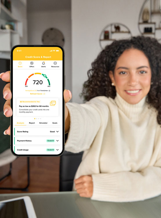 Smiling girl holding a smart phone with the Credit Source image on the screen.