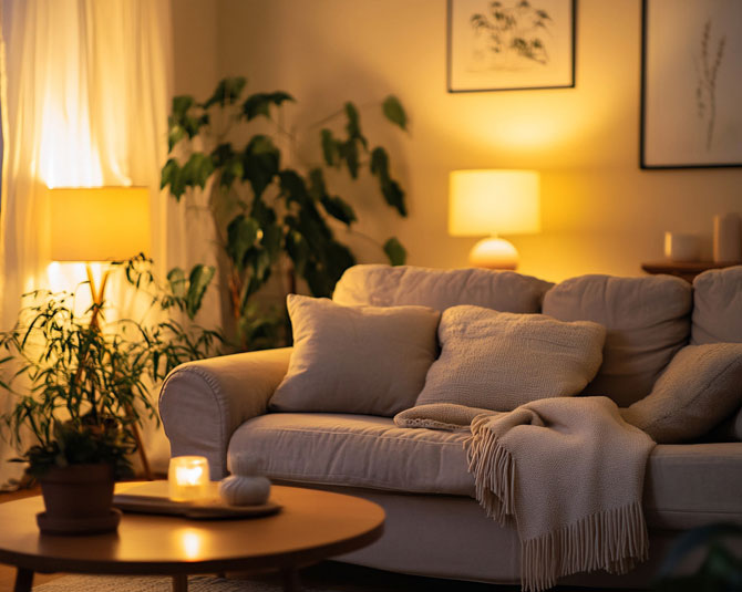 Evening photo of a living room with lights on. 