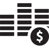Icon image of a couple of stacks of coins with a money symbol